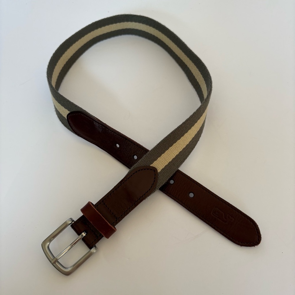 Vineyard Vines Men’s Canvas Leather Belt 30 Olive Green Stripe Preppy Yacht Slim